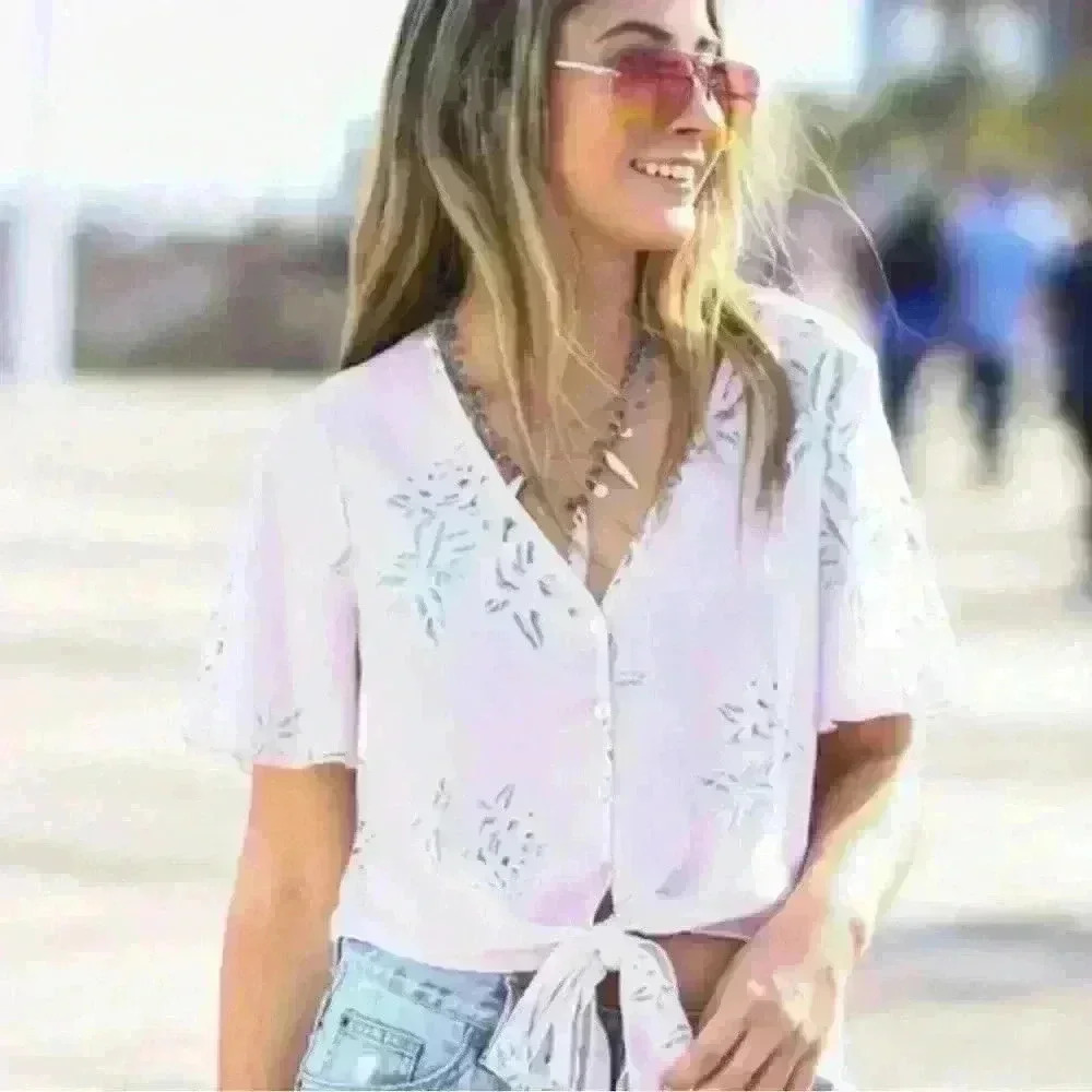 Show Me Your Mumu Lavender Cropped Tie Front Floral Top Size XS